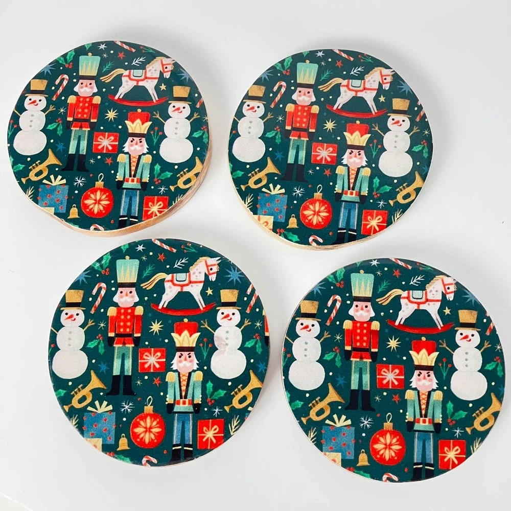 Vintage Drink Coasters Holiday Nutcracker 4in Green Wood Set of‎ 4
